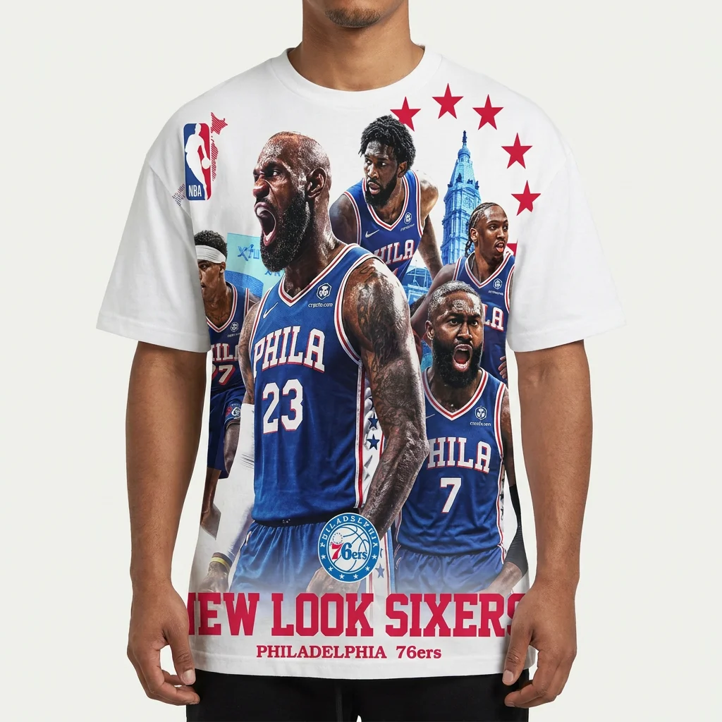 New Look Sixers Philadelphia Basketball Collage Graphic Tee LeBron Embiid Fan Shirt