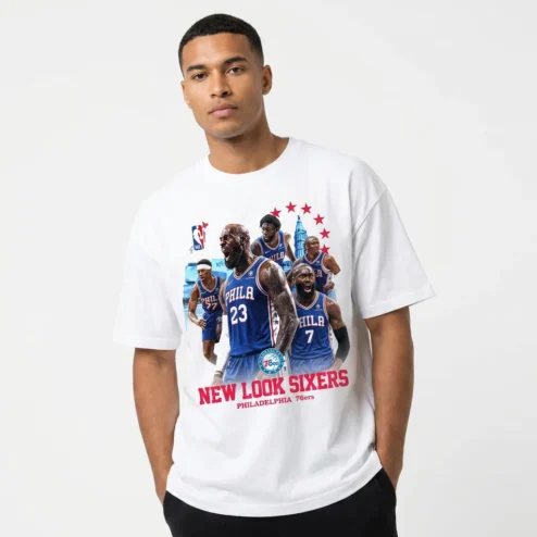 Philadelphia 76ers New Look Sixers Basketball Graphic Tee LeBron Embiid Paul George Era Fan Shirt