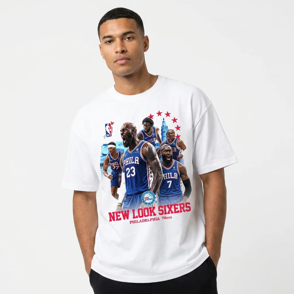 Philadelphia 76ers New Look Sixers Basketball Graphic Tee LeBron Embiid Paul George Era Fan Shirt