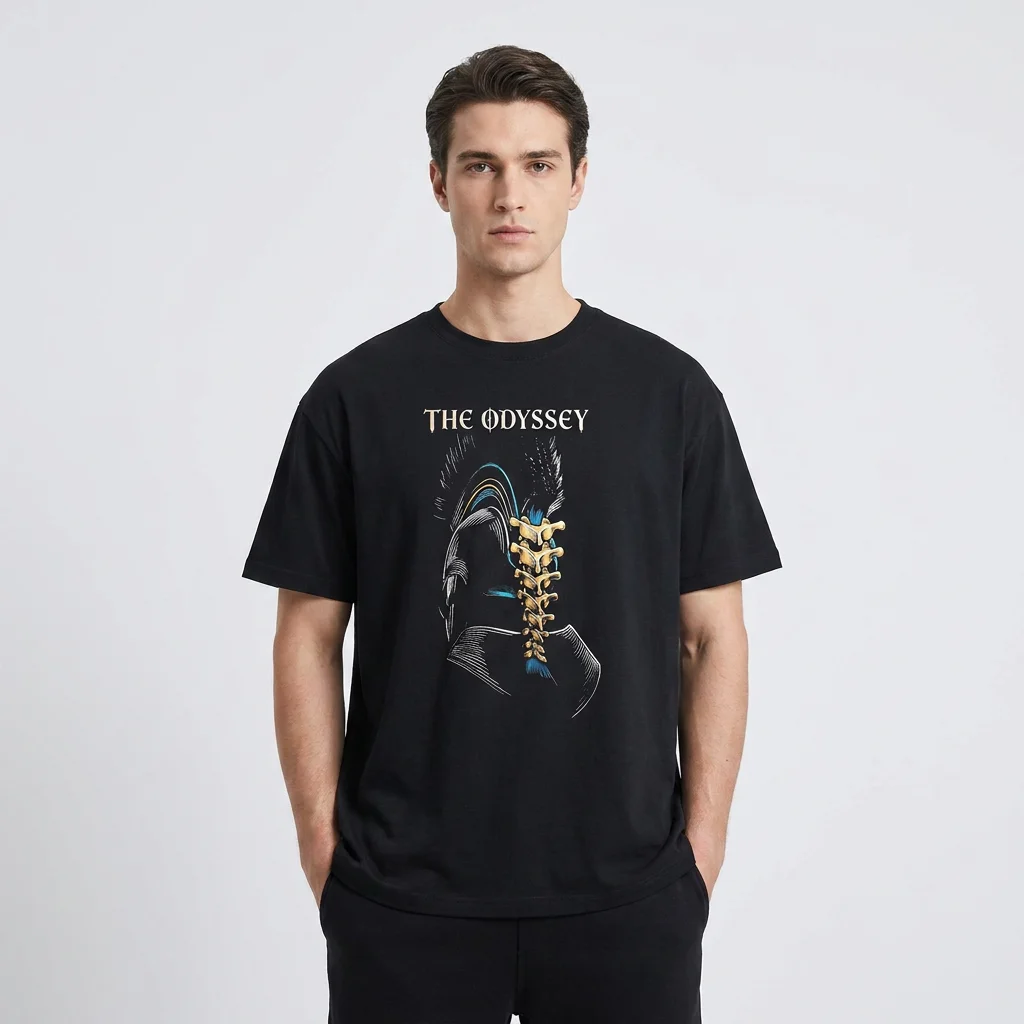 The Odyssey Graphic Tee Spartan Warrior Helmet Spine Art Shirt Epic Greek Mythology Movie Fan Apparel