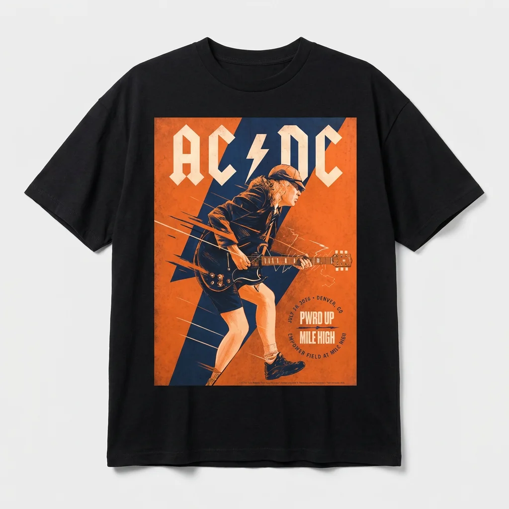 AC/DC Denver 2026 PWR UP Tour Tee Empower Field Mile High Concert Shirt Featuring Angus Young