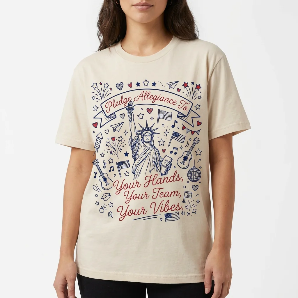 Pledge Allegiance To Your Hands Your Team Your Vibes Tee, Statue Of Liberty Americana Graphic T-Shirt For Group Tailgates And Music Festivals