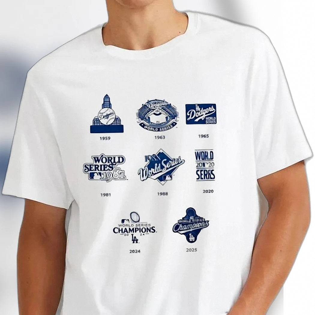 1959 Dodgers World Series History Tee LA Baseball Championship Years 1963 1981 1988 2020 2024 Vintage Fan Shirt