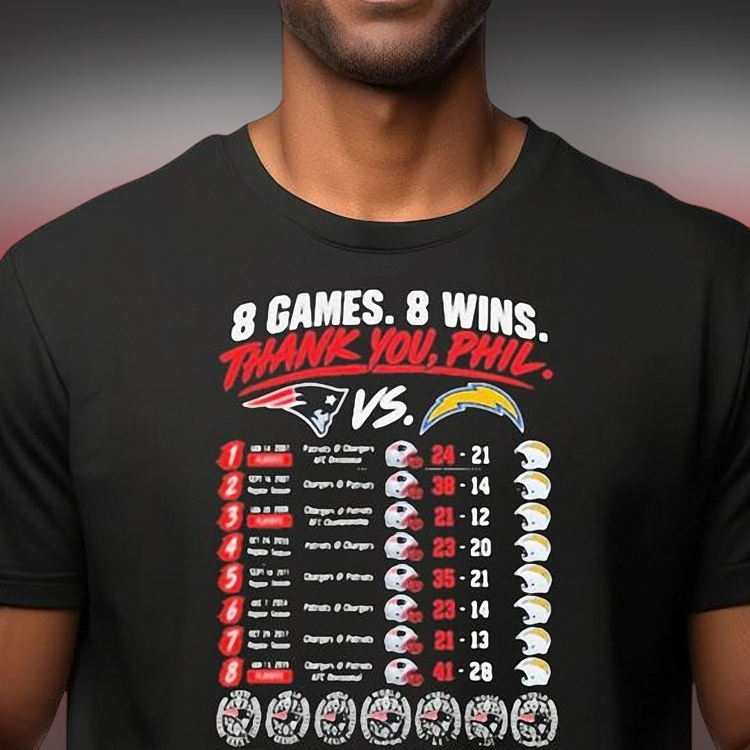 8 Games 8 Wins Thank You Phil Patriots vs Chargers Tee, Philip Rivers Football Rivalry Scorecard Graphic Shirt