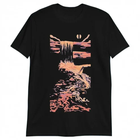 Abstract Waterfall Sailboat Art Tee Moody Nature Graphic Shirt for Men and Women