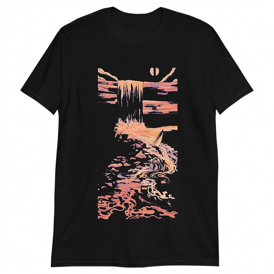 Abstract Waterfall Sailboat Art Tee Moody Nature Graphic Shirt for Men and Women