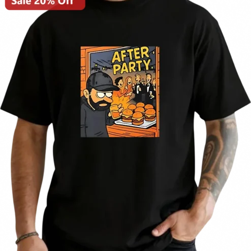 After Party Tee Funny Burger Cartoon Graphic Shirt for Men, Comic Style Party Night Out Gift