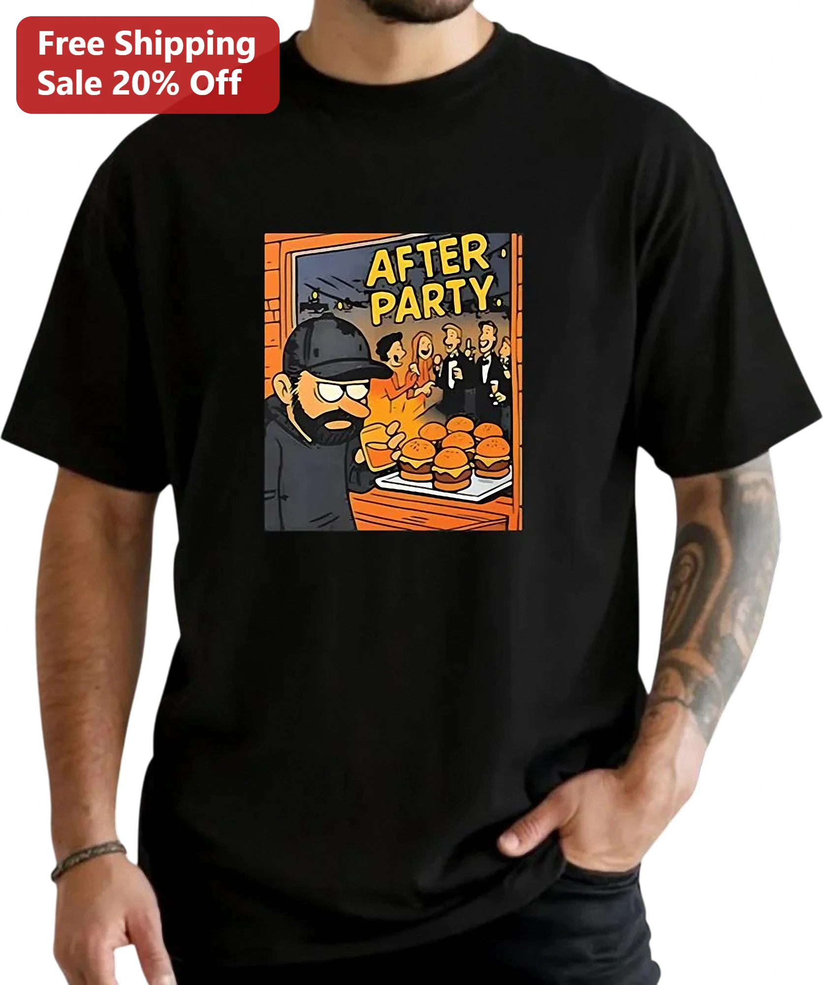 After Party Tee Funny Burger Cartoon Graphic Shirt for Men, Comic Style Party Night Out Gift