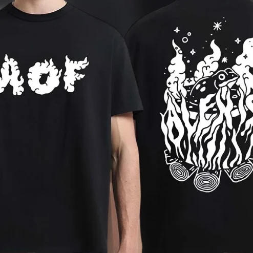 AOF Frog Campfire Graphic Tee Two Sided Unisex Black T-Shirt for Nature Lovers