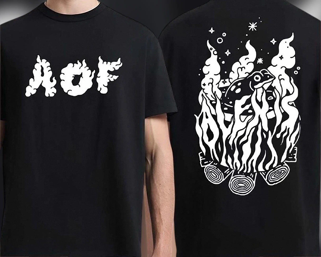 AOF Frog Campfire Graphic Tee Two Sided Unisex Black T-Shirt for Nature Lovers