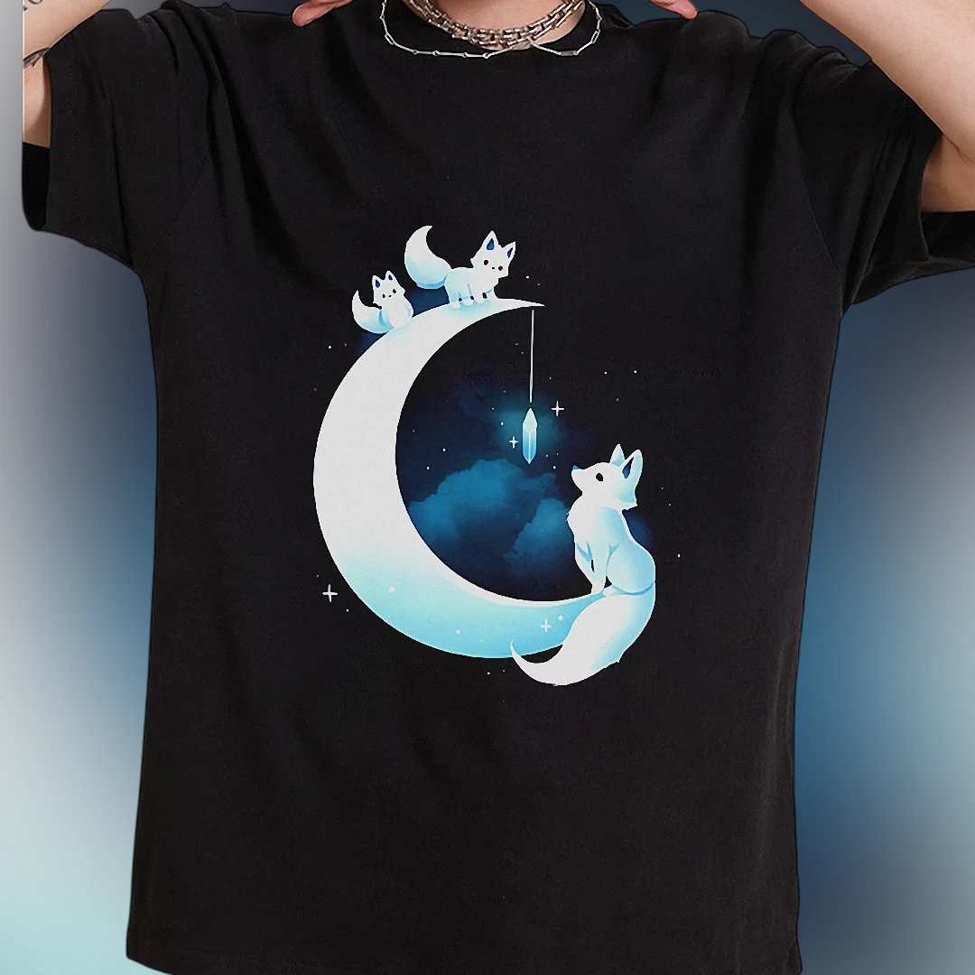 Arctic Fox Moon Celestial Aesthetic Tee, Mystical Crescent Moon and Stars Graphic T-Shirt Gift for Animal Lovers