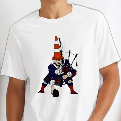 Bagpiper With Traffic Cone Graphic Tee Funny Scottish Tartan Humor Novelty T-Shirt