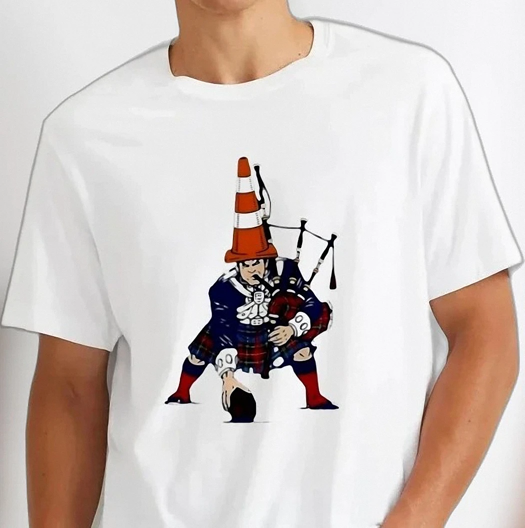 Bagpiper With Traffic Cone Graphic Tee Funny Scottish Tartan Humor Novelty T-Shirt