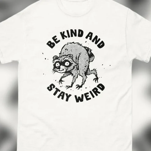Be Kind And Stay Weird Raccoon Graphic Tee, Funny Quirky Animal Slogan T-Shirt, Introvert Humor Gift