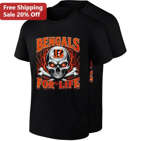 Bengals for Life Tee Cincinnati Football Flaming Skull Graphic Shirt Gift for Fans