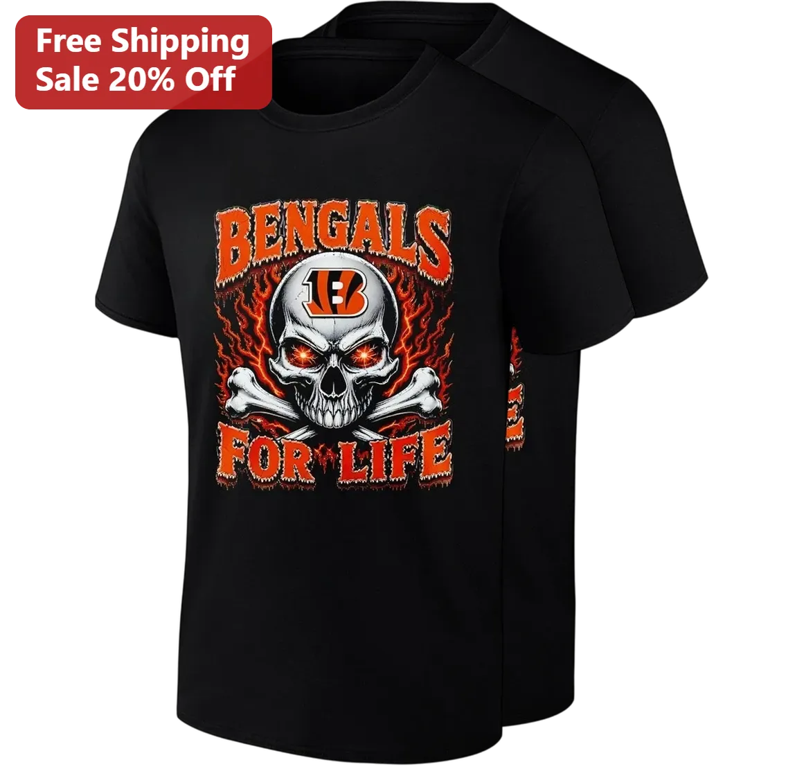 Bengals for Life Tee Cincinnati Football Flaming Skull Graphic Shirt Gift for Fans