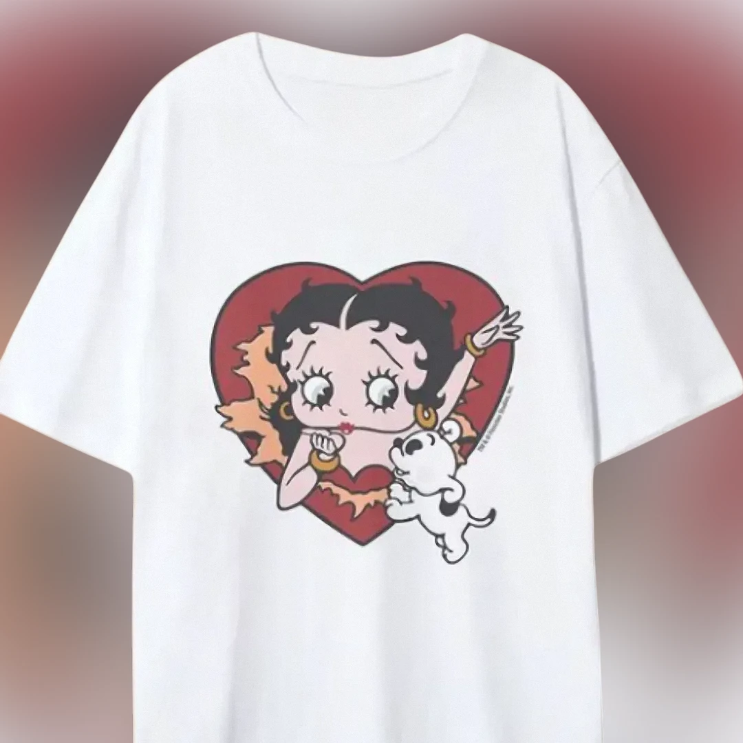 Betty Boop and Pudgy Heart Graphic Tee, Vintage Cartoon Retro Pop Culture T-Shirt for Women and Fans