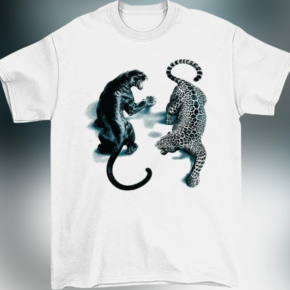 Black Panther and Leopard Artistic Animal Tee, Vintage Big Cat Wildlife Graphic T-Shirt
