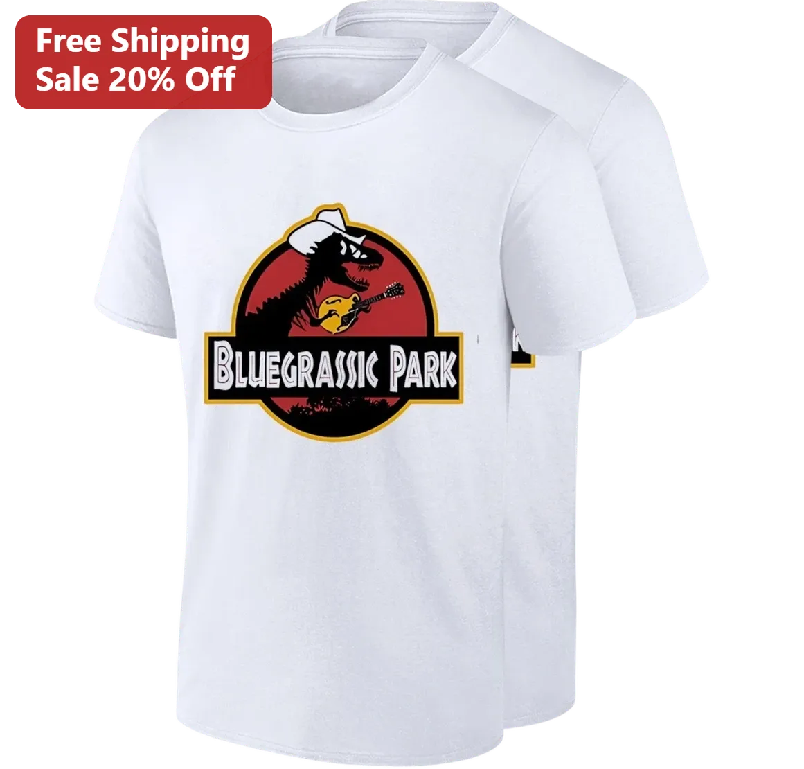 Bluegrassic Park Tee, Funny Jurassic Park Dinosaur Mandolin Parody Gift for Bluegrass Music Fans and Dinosaur Lovers