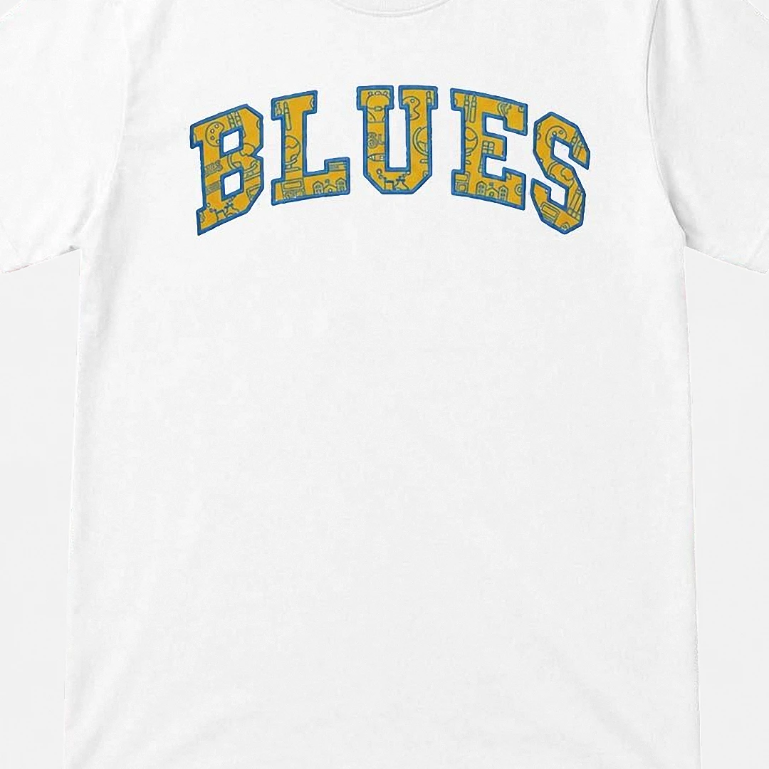 Blues Collegiate Pattern Tee, Vintage Style Music Fan Graphic T-Shirt