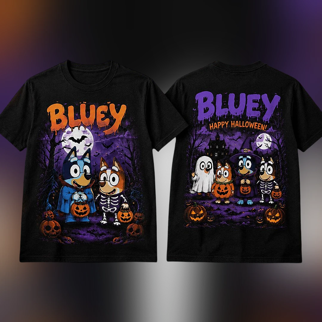 Bluey Happy Halloween Tee, Spooky Family Matching Graphic T-Shirt for Kids and Toddlers