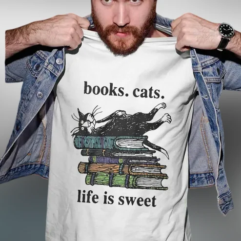 Books Cats Life Is Sweet Tee, Cozy Reading Cat Bookworm Graphic T-Shirt, Cute Book Lover Reader Gift