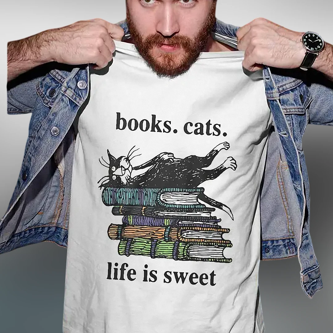 Books Cats Life Is Sweet Tee, Cozy Reading Cat Bookworm Graphic T-Shirt, Cute Book Lover Reader Gift