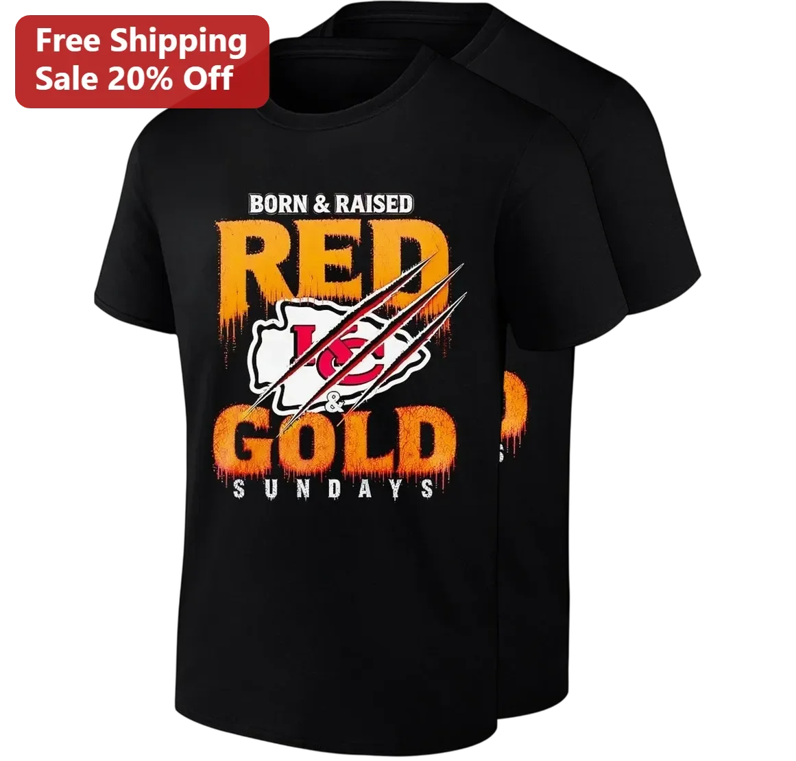 Born Raised Red Gold Sundays Tee, Kansas City Football Fan Gift