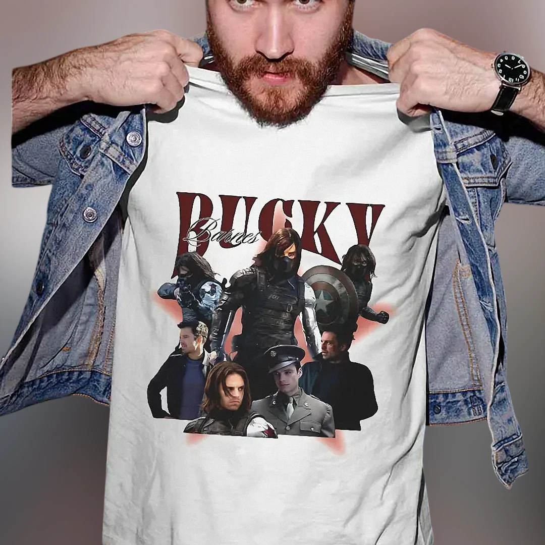 Bucky Barnes Tee, Vintage Winter Soldier Collage Graphic T-Shirt, Retro Fandom Apparel for MCU Fans