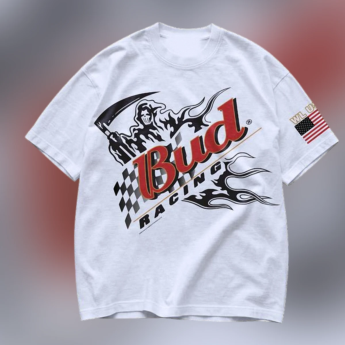 Bud Racing Grim Reaper Graphic Tee Vintage Motorsport Flames Racing Shirt