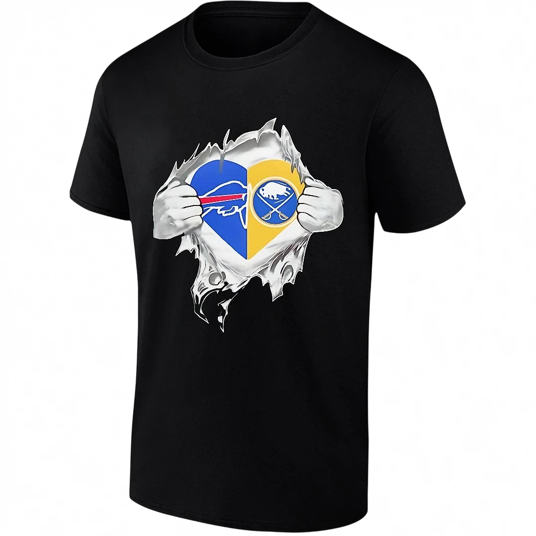 Buffalo Bills and Buffalo Sabres Heart Logo Ripped Chest Tee for Buffalo Sports Fans
