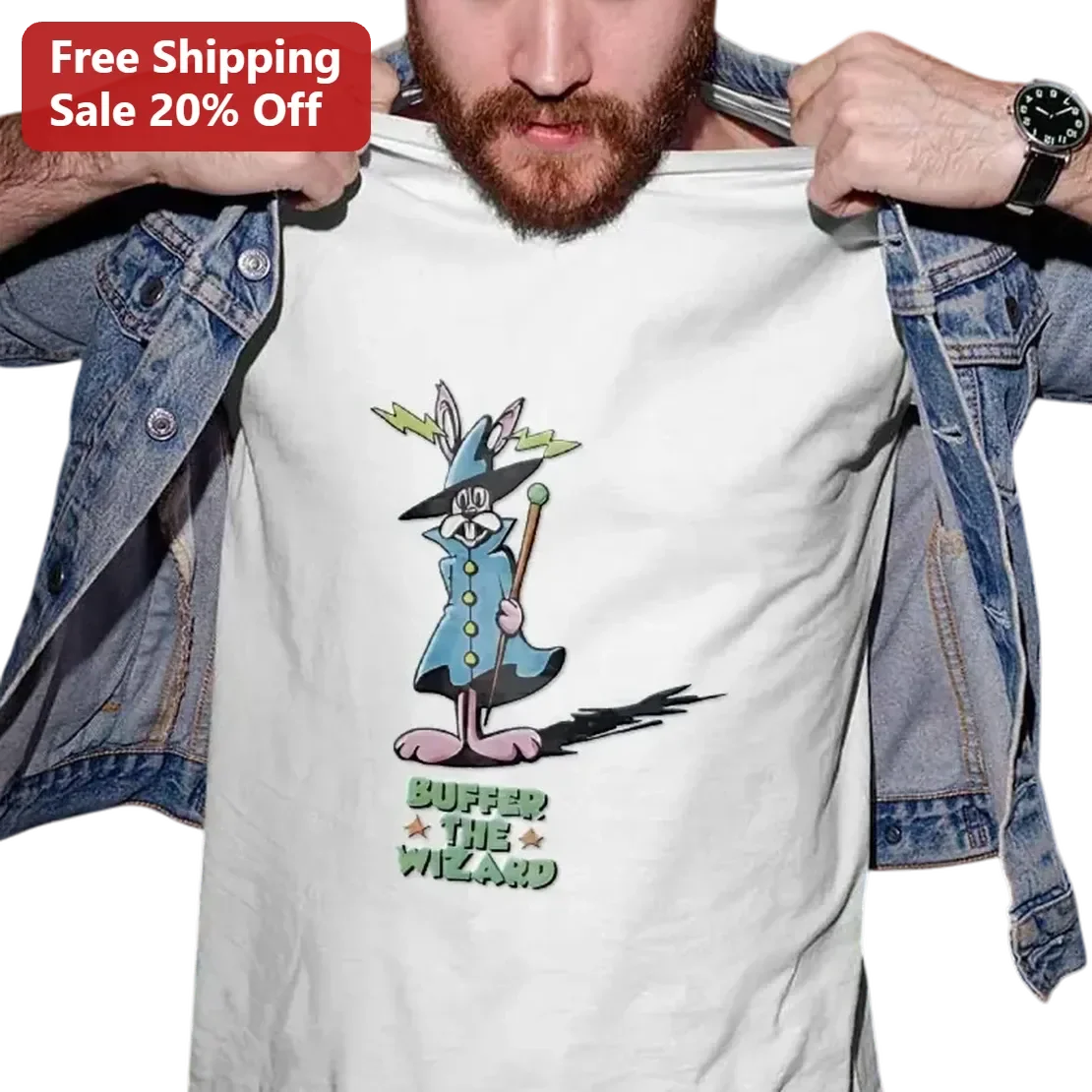 Buffer the Wizard Tee Cartoon Rabbit Wizard Graphic Shirt Gift for Fantasy Fans and Rabbit Lovers