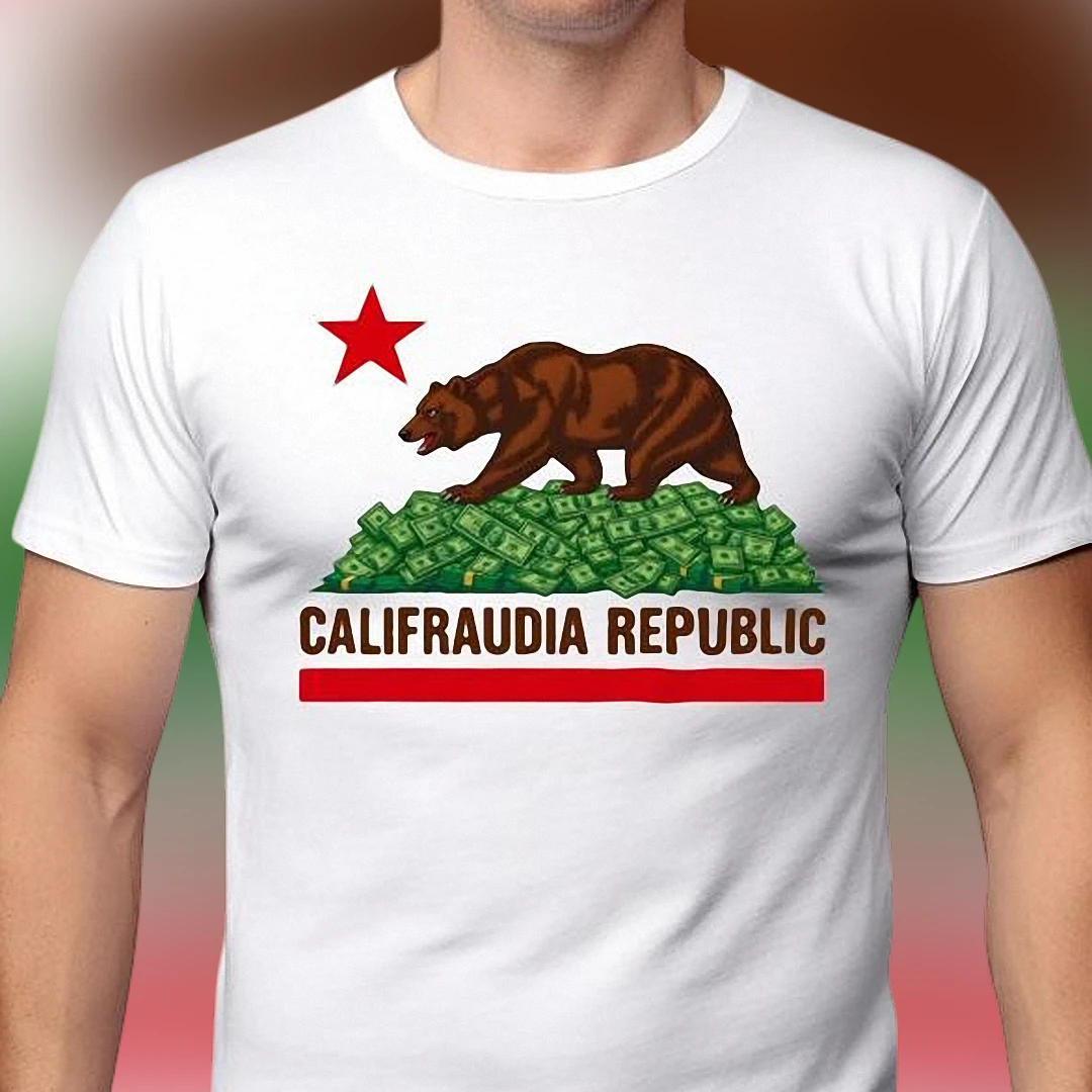 Califraudia Republic Tee, Funny California Bear Flag Parody Graphic T-Shirt, Political Satire Gift