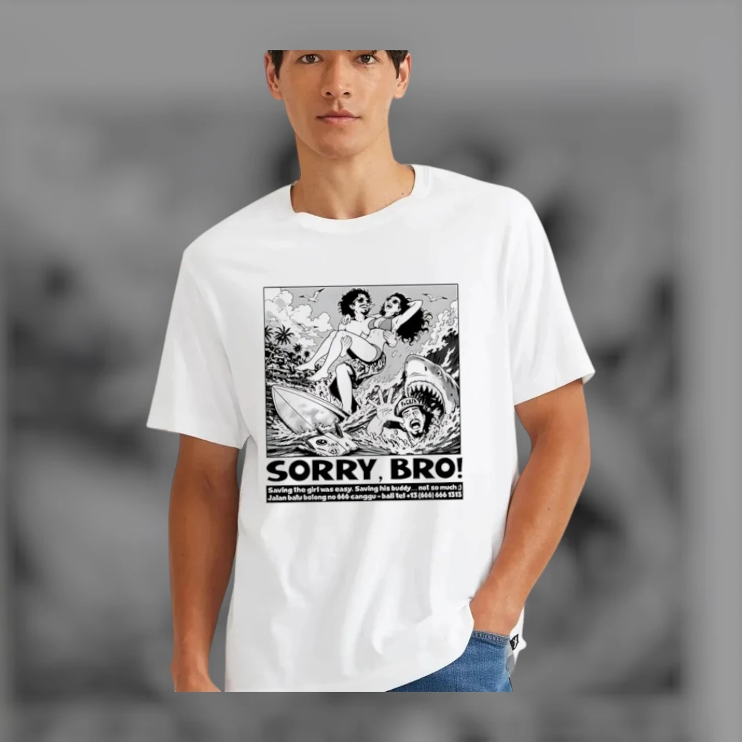 Canggu Bali Souvenir Tee Funny Sorry Bro Surfing Shark Attack Retro Comic