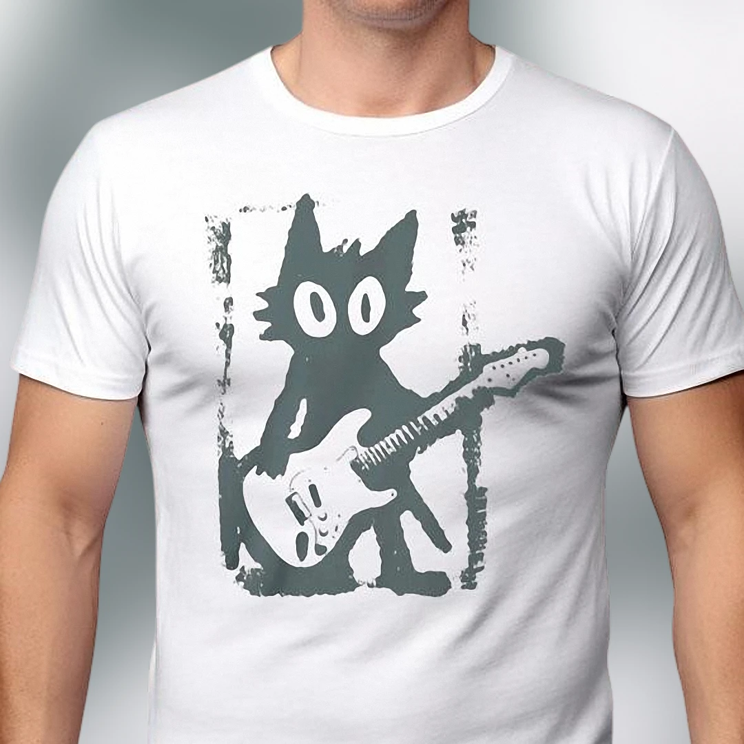 Cat Playing Guitar Tee, Funny Rock Cat Graphic T-Shirt for Music Lovers