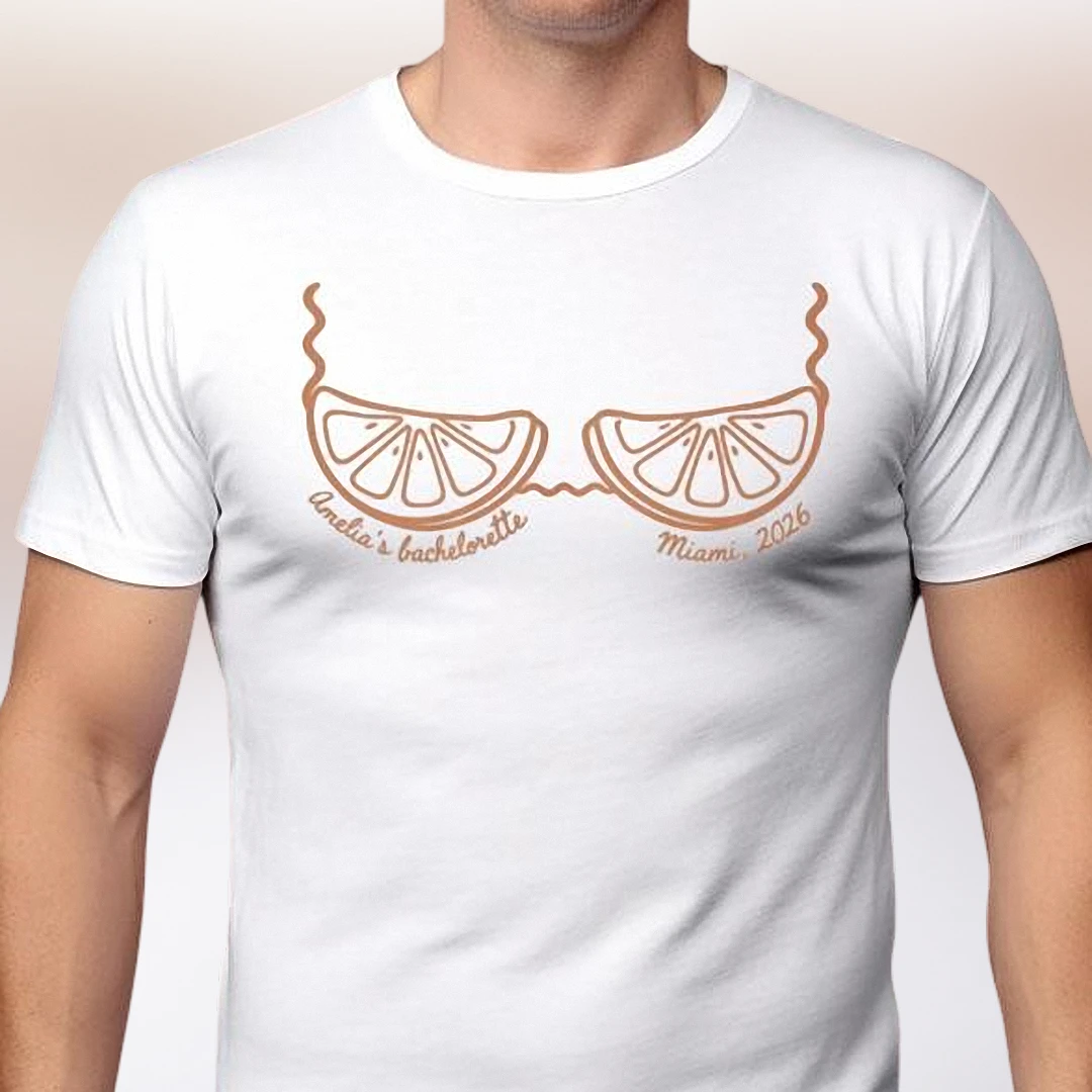 Citrus Bikini Graphic Tee Personalized Bachelorette Party Shirt, Custom Summer Fruit Bridal Trip Tee