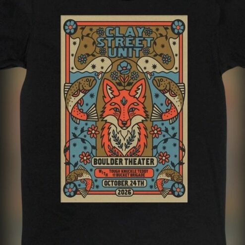 Clay Street Unit Boulder Theater Concert Tee, Tough Knuckle Teddy Bucket Brigade Folk Music Tour Graphic Shirt