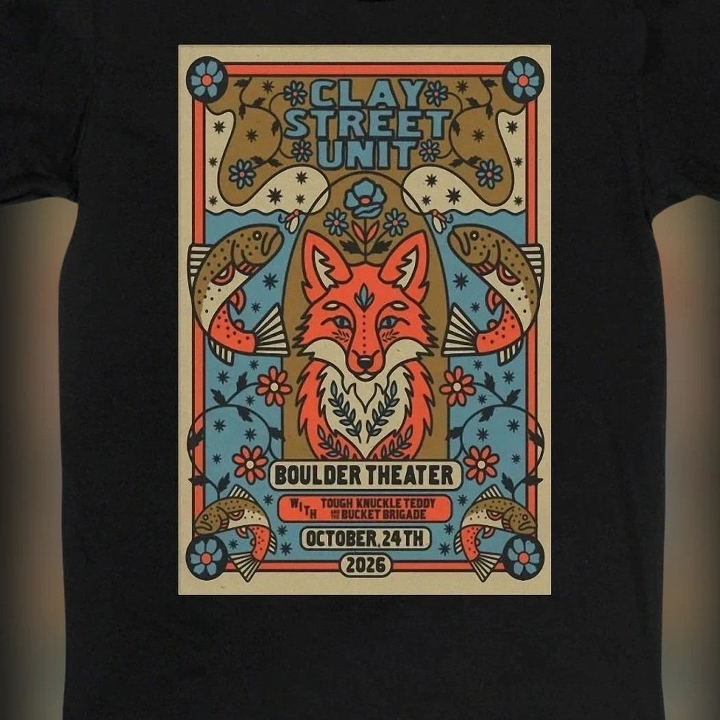 Clay Street Unit Boulder Theater Concert Tee, Tough Knuckle Teddy Bucket Brigade Folk Music Tour Graphic Shirt