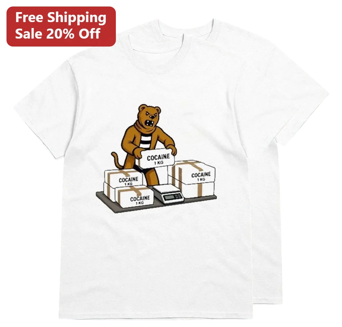 COCAINE 1 KG Tee Funny Cartoon Bear Parody Dark Humor Streetwear Graphic T-Shirt Gift for Adults