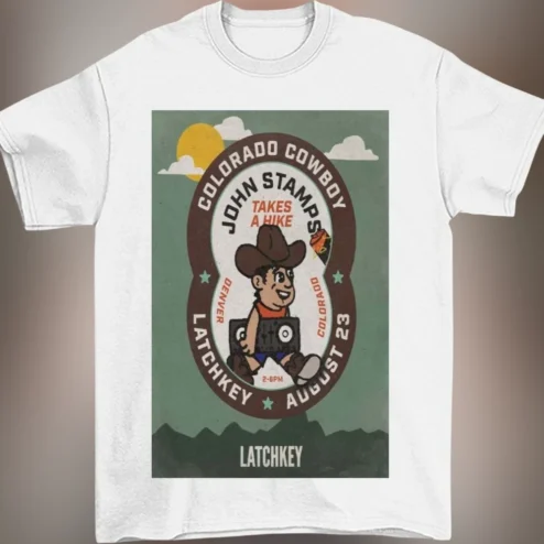 Colorado Cowboy John Stamps Takes A Hike Latchkey Denver Tee, Retro Western Music Graphic Shirt