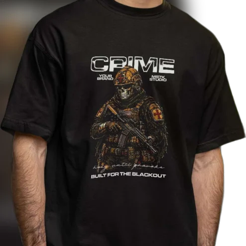 Crime Built for the Blackout Tactical Skull Soldier Tee, Dark Aesthetic Military Streetwear Graphic Shirt