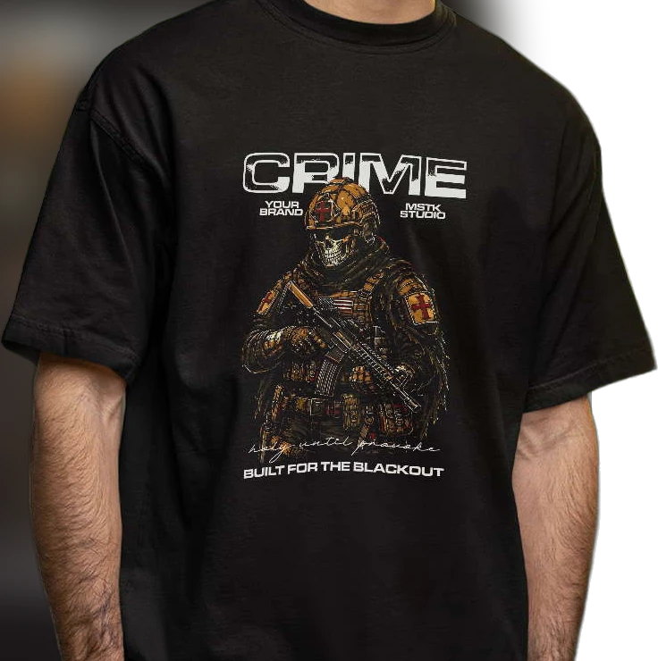 Crime Built for the Blackout Tactical Skull Soldier Tee, Dark Aesthetic Military Streetwear Graphic Shirt