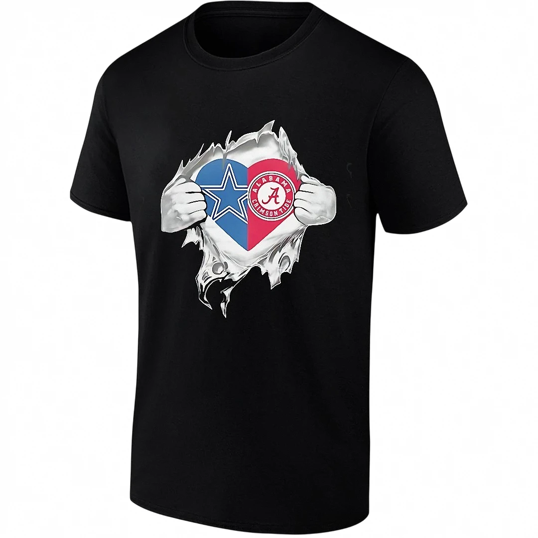 Dallas Cowboys and Alabama Crimson Tide Heart Tee, Ripped Chest Football Fan Graphic T-Shirt