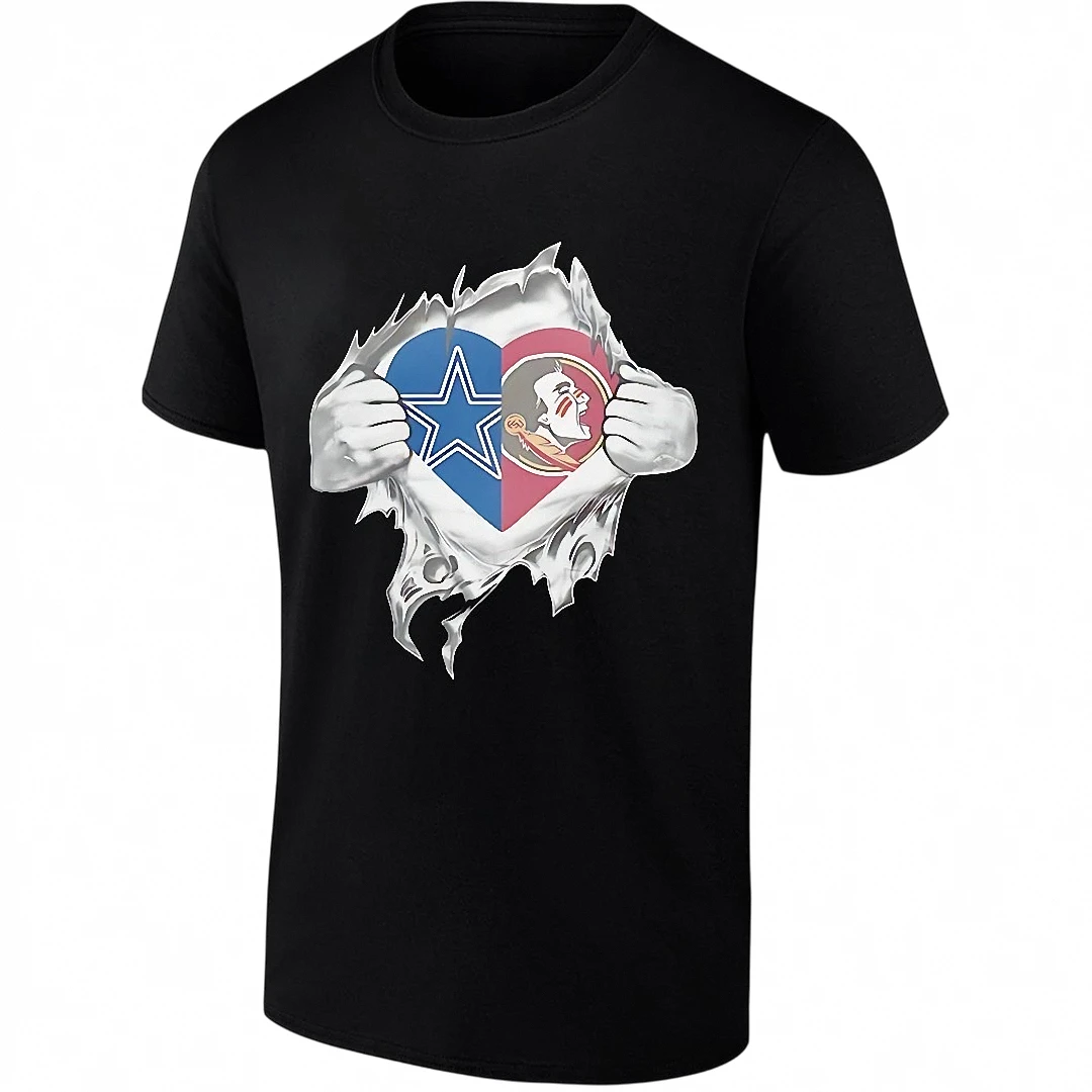 Dallas Cowboys and Florida State Seminoles Heart Logo Tee, Ripped Chest Dual Fan Football Graphic T-Shirt