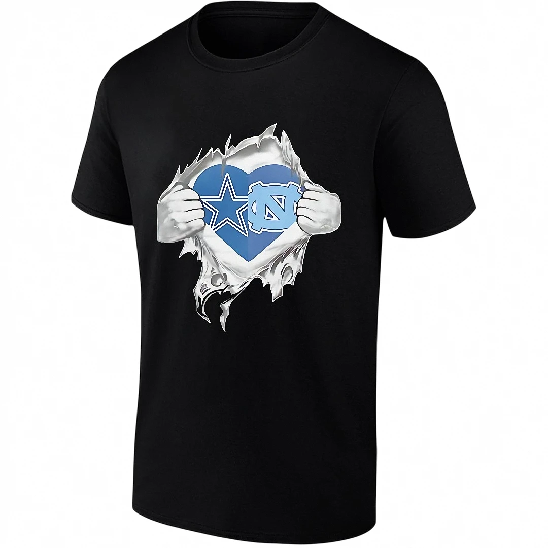 Dallas Cowboys and North Carolina Tar Heels Heart Logo Tee, Ripped Chest Dual Fan Sports Graphic T-Shirt