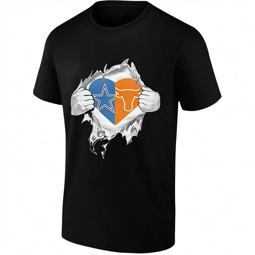Dallas Cowboys and Texas Longhorns Heart Graphic Tee, Ripped Chest Football Fan Shirt