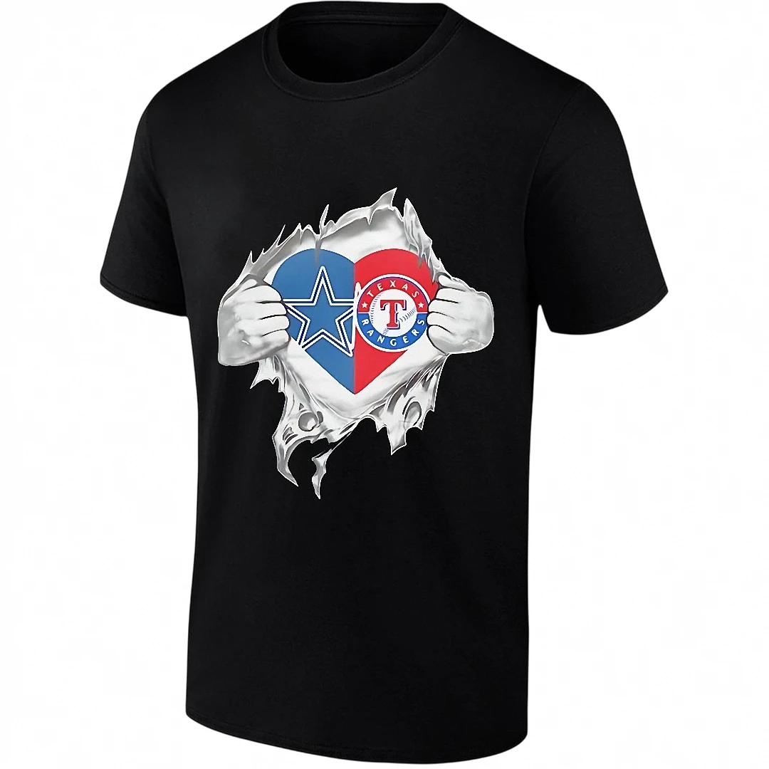 Dallas Cowboys and Texas Rangers Heart Ripped Graphic Tee for Texas Sports Fans