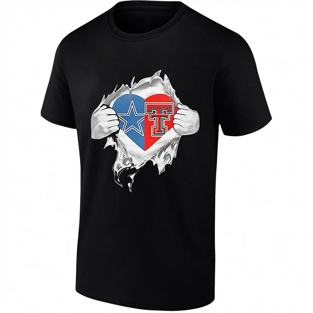 Dallas Cowboys and Texas Tech Sports Fan Heart Tee, Game Day Football Fan Graphic Shirt