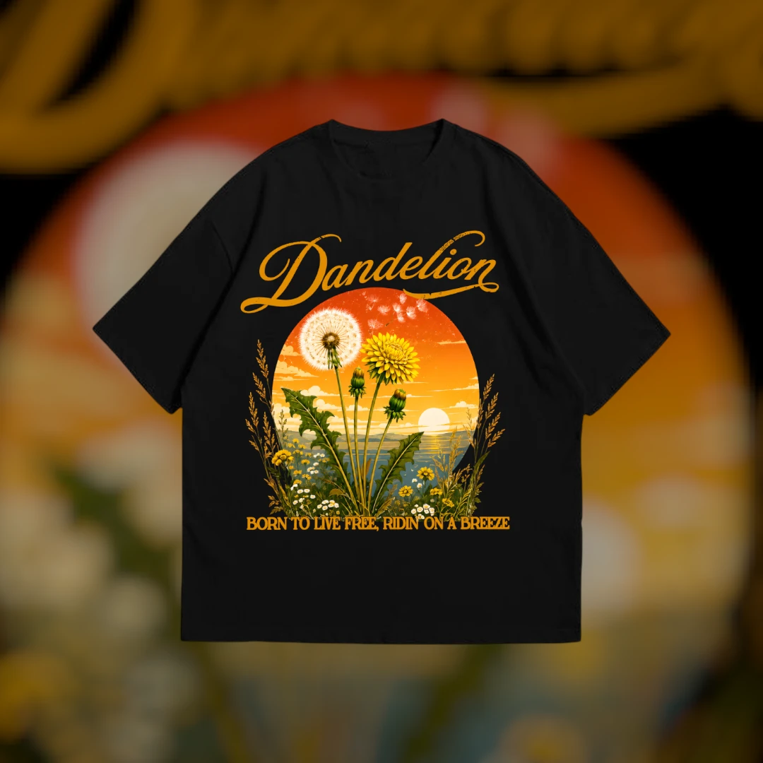 Dandelion Born To Live Free Ridin' On A Breeze Tee Retro Sunset Wildflower Graphic Shirt