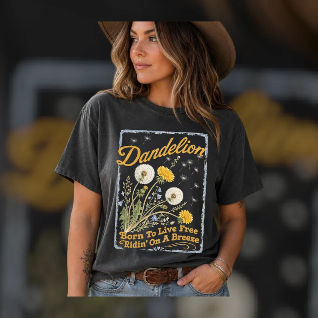Dandelion Born To Live Free Western Tee Ridin' On A Breeze Vintage Boho Wildflower Graphic Shirt